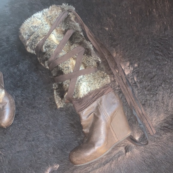 Aldo Faux Fur Knee High Wedge Boots - Picture 3 of 6